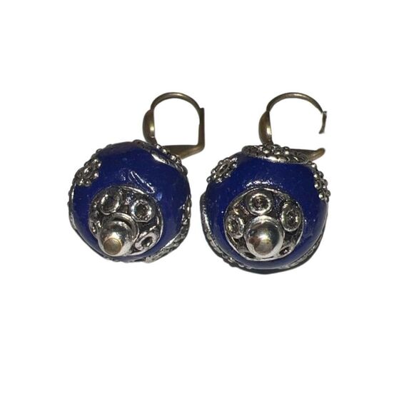 Vintage Mongolian Beads Bollywood Earrings Clip On Dangle Jewelry Blue Silver - Picture 3 of 4
